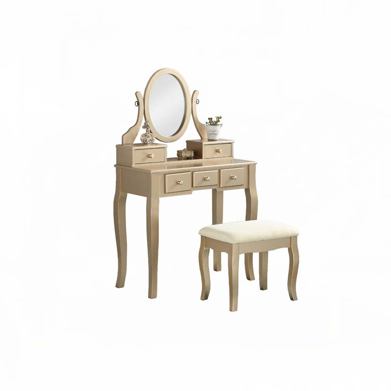 Ensemble coiffeuse et tabouret en bois, Doré