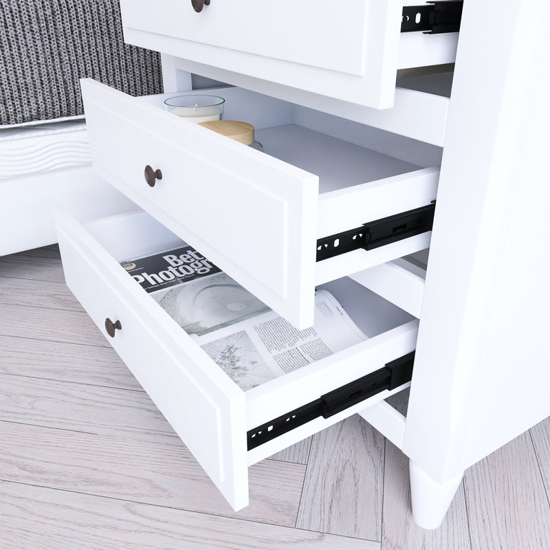 Table de chevet en pin avec 3 tiroirs et rails coulissants, Blanc