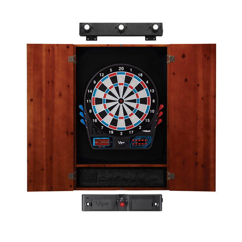 Cinnamon Pine Electronic Dartboard Cabinet Set with LED Light