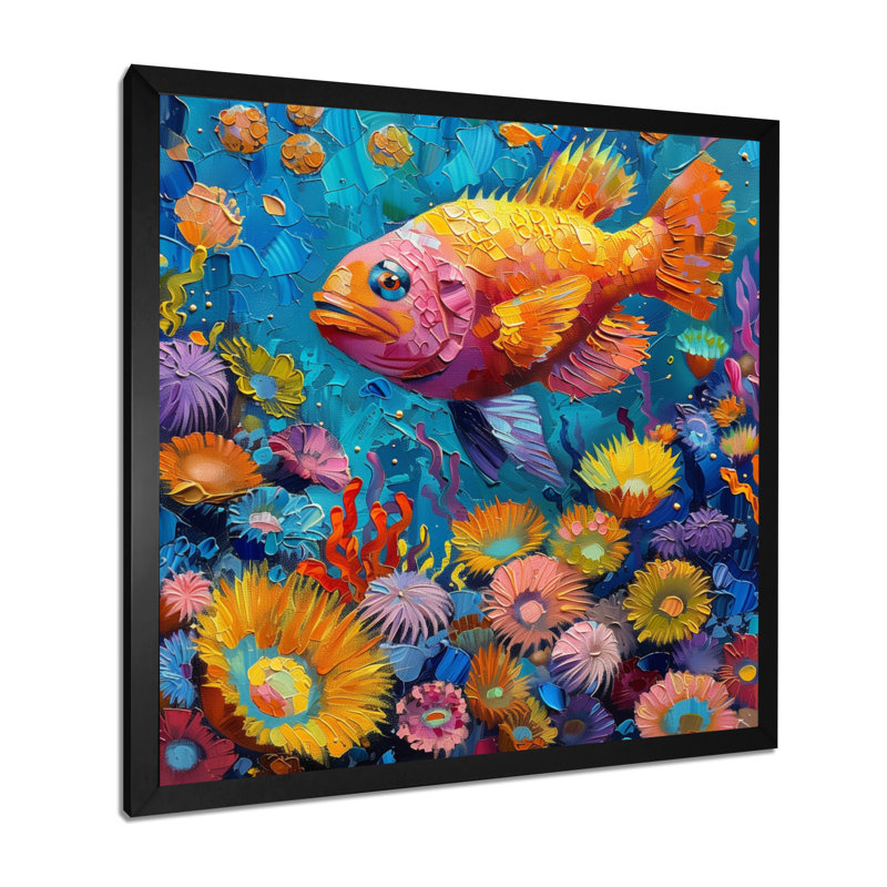 Décoration murale bleu et jaune, poisson tropical, paradis II - créatures marines, Toile encadrée noire simple
