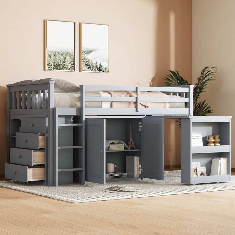 Lit mezzanine pour enfants en bois massif avec armoire, tiroirs, tablettes et bureau coulissant Kids, Gris