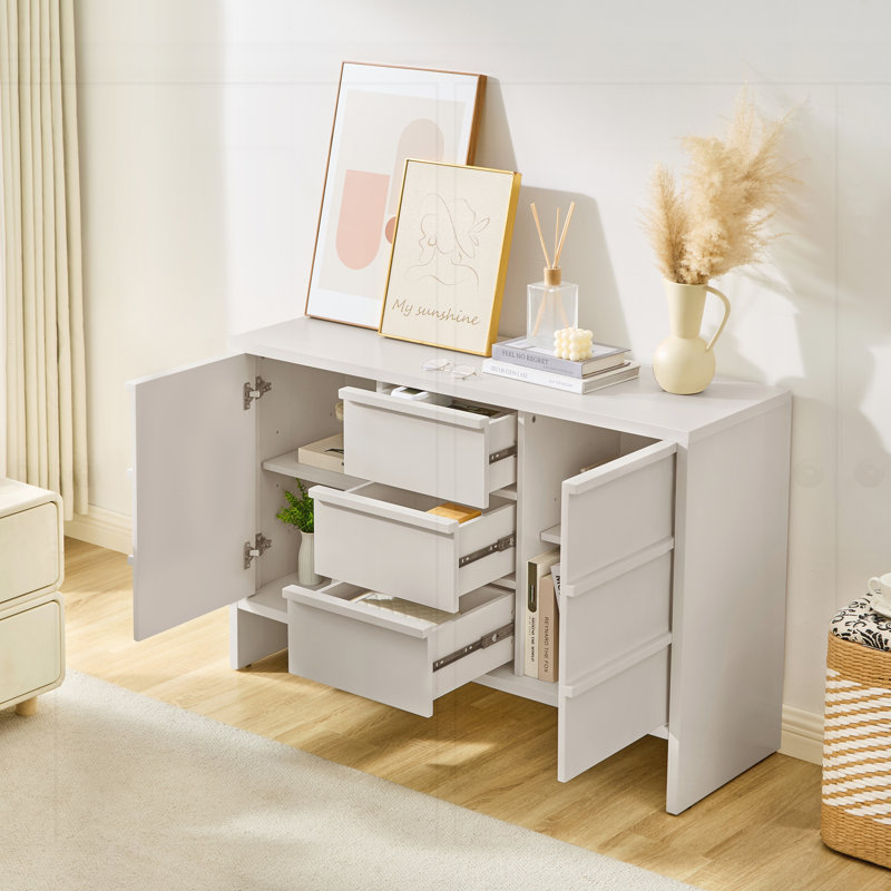 Buffet Mid-Century moderne avec rangement, armoire de rangement avec 2 portes et 3 tiroirs, Blanc