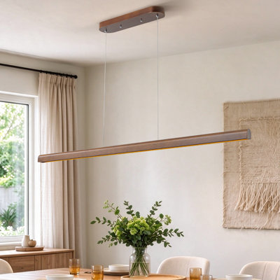 59" Linear Dimmable Modern Wooden Kitchen Island Pendant Light, Integrated LED Chandelier with 3 Color Temperatures