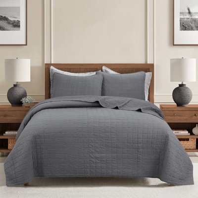 Square Gingham Checkered Solid Chic Grey 3 Piece Cotton Queen Quilt Bedding Set