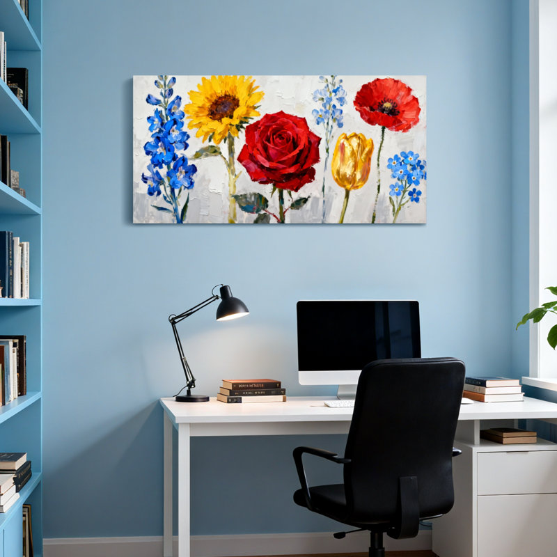 Plantes et fleurs, fleurs colorées sur toile, H 20 po x l 40 po
