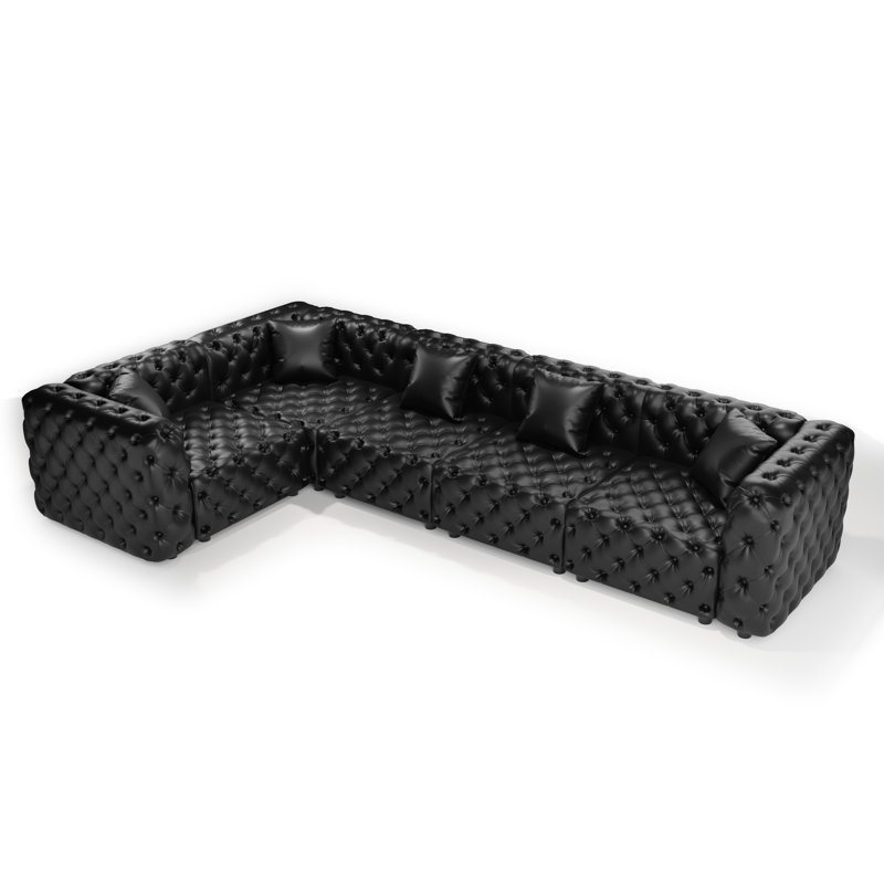 Canapé Chesterfield modulaire en forme de L de 132,5 po, canapé modulaire 5 places, canapé modulaire avec 5 coussins, 5, Noir
