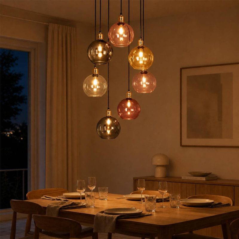 7‑Light E27 Sand Black Multi‑Colour Glass Round Canopy Pendant