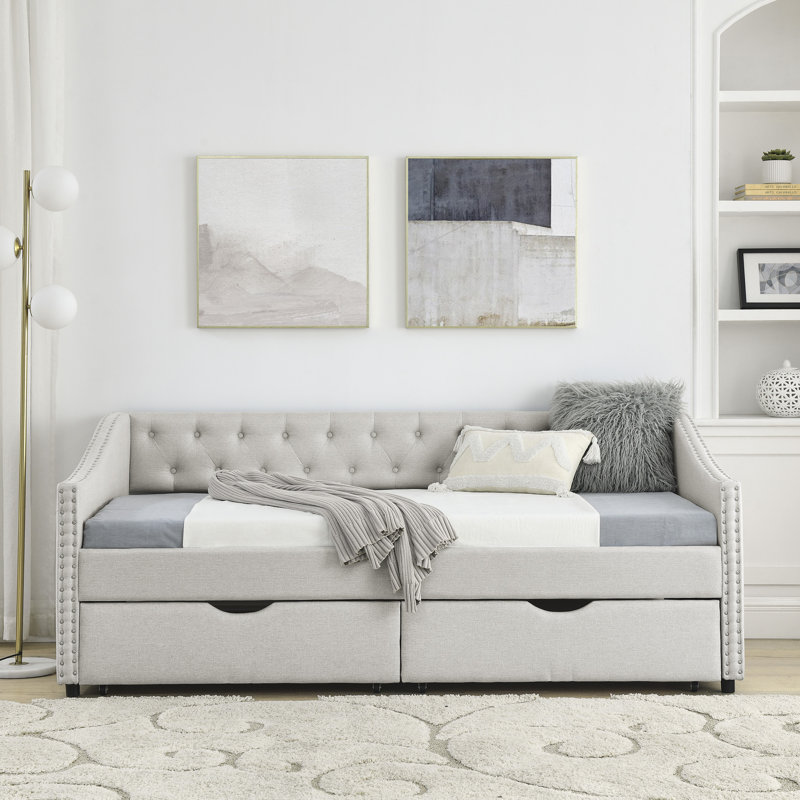 Daybed With Drawers Upholstered Tufted Sofa Bed, With Button On Back And Copper Nail On Waved Shape Arms, Beige, Twin