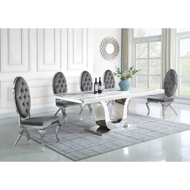 Edda 8 - Person Marble Top Pedestal Dining Set, Gray