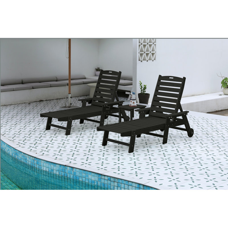 Lounge Chair with Side Table, 3-Piece Oversized Chaise Lounge Chair Set,All Weather Patio Lounge Chair with 5 Positions, Wheels & Cup Holder