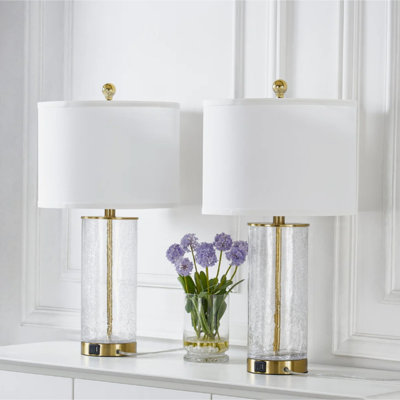 Ensemble de 2 lampes de table modernes et glamour en verre et métal, 59 cm de hauteur, avec port USB-C, fini doré et abat-jour en lin blanc, pour chambre ou salon.