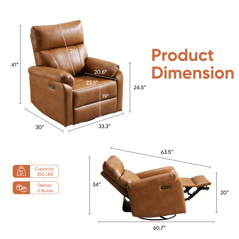 Power Recliner Chair With Adjustable Lumbar Support,swivel Rocker Chair With Overstuffed Armrests, Usb & Type-c