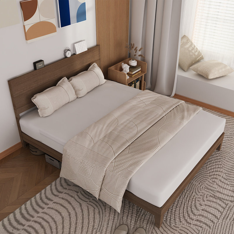 Solid Wood Platform Bed Frame, Queen Bed Frame With Headboard Included, Queen
