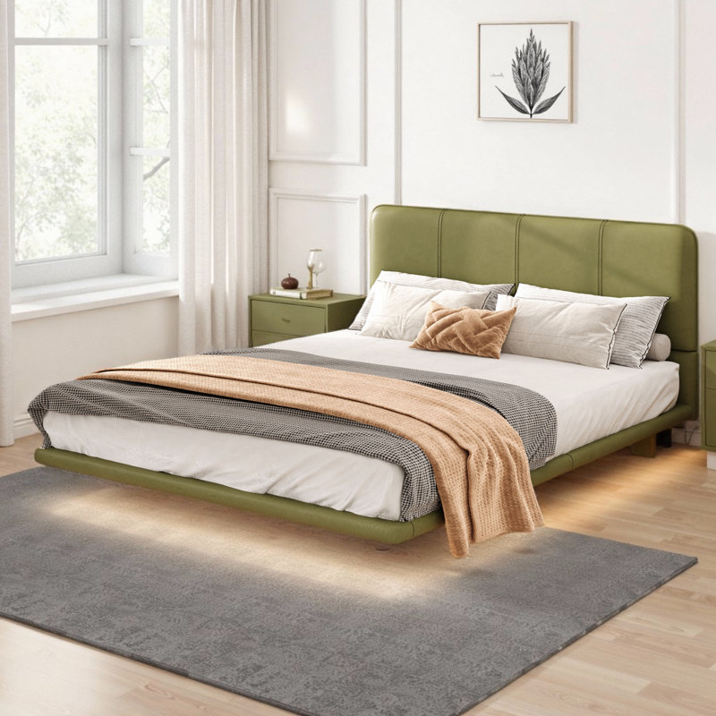 Full Size Floating Bed Frame with LED Lights - Modern PU Leather Platform Bed, Remote-Controlled Lighting, No Box Spring Needed, Contemporary Bedroom Furniture