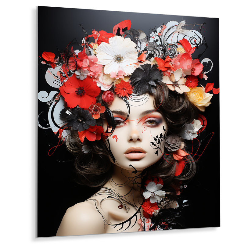 Femme noire et rouge à motif floral - impression sur métal, H 32 po x l 16 po x P 1 po