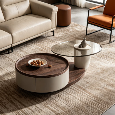 Ensemble de 2 tables basses rondes gigognes avec rangement pour tiroir, plateau en bois et plateau en verre, tables centrales modernes pour le salon et le bureau