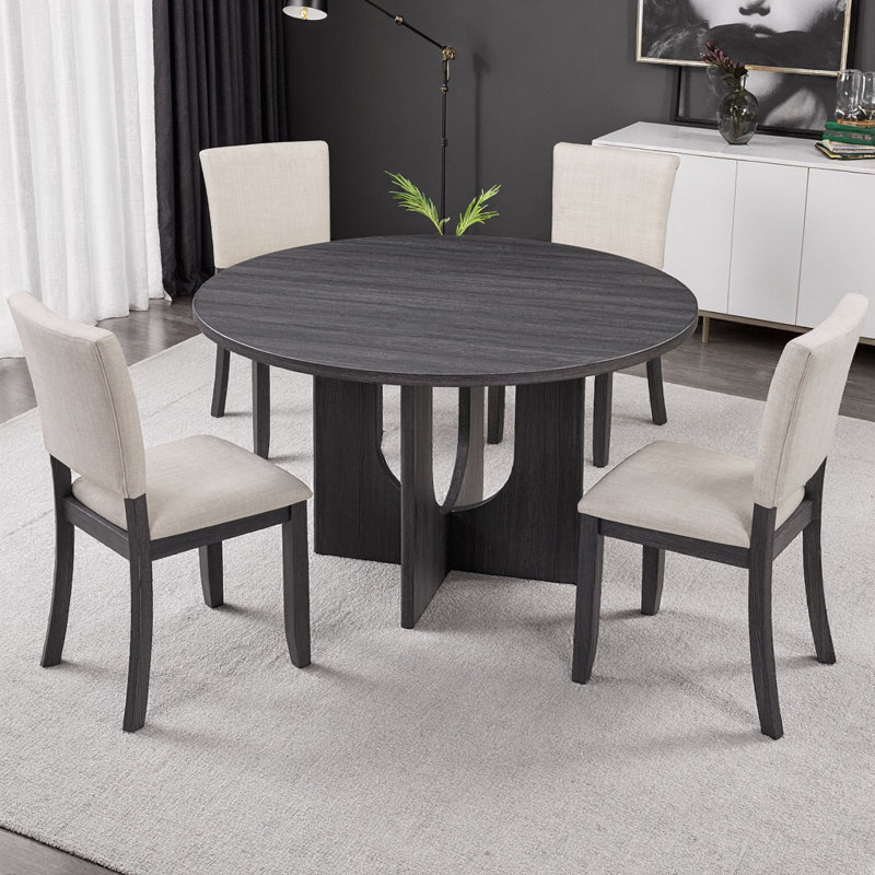 Ensemble repas 47 po pour 4 personnes, table + 4 chaises en lin, base croisée, capacité de 330 lb, 5 pièces, Noir