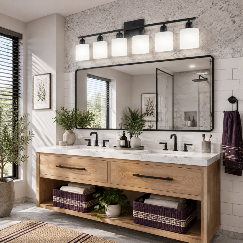Applique murale de salle de bain noire à 6 lumières (96,5 cm) avec abat-jour blanc, antirouille, Noir mat, Six lumières