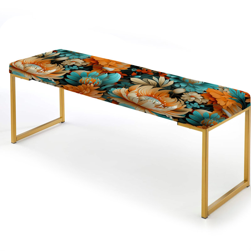 Banc floral rembourré or, Sérénade florale turquoise Poupart