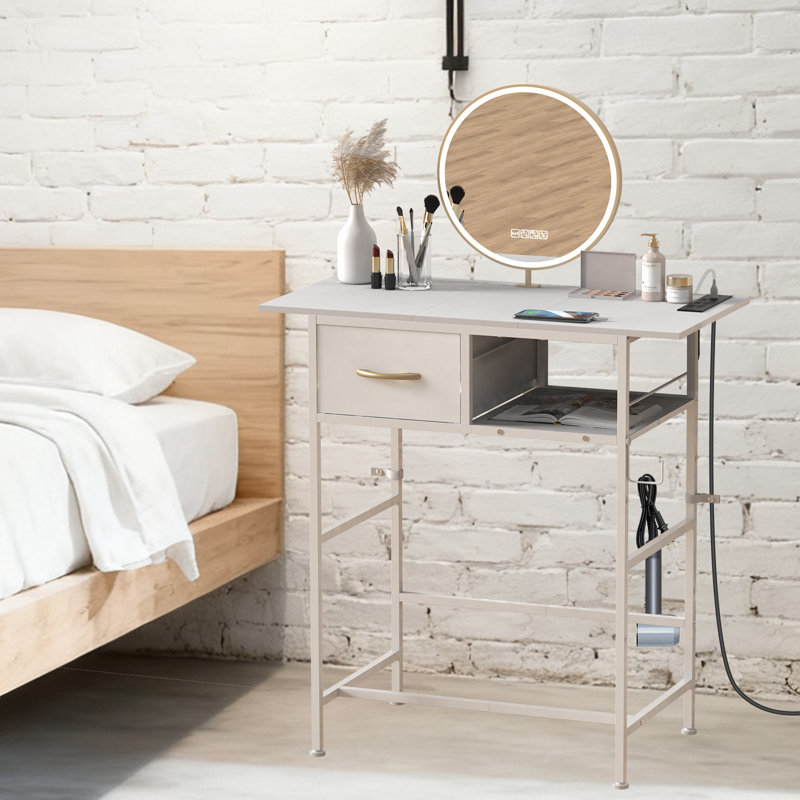 31.5 Inch Vanity Desk With Charging Station, White Makeup Vanity Table With Fabric Drawer And Open Storage
