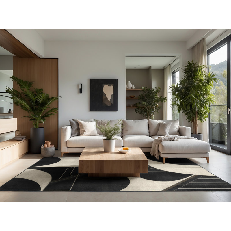 Soft Plush Earls Mid-Century Modern Geometric Area Rug in Black – Black Binding, 7x9