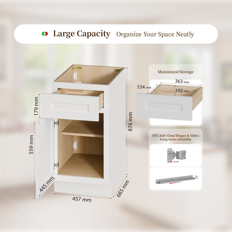 Armoire de base à porte simple en bois massif blanc Shaker, pour tablette de rangement de cuisine, de buanderie et de salle de bain, tiroir à fermeture en douceur. Prêt à assembler