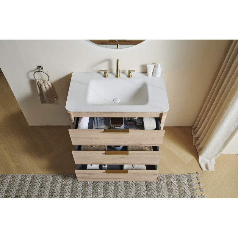 Meuble-lavabo de salle de bain 36 po Amara, armoire de rangement en contreplaqué ultra-mince à rebords courbés autoportants, 3 tiroirs, lavabo intégré en pierre frittée blanc de Carrare, pré-assemblé, couleur grain de bois de chêne clair