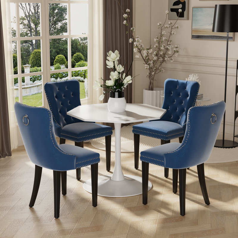 Ensemble de salle à manger à piédestal rond avec revêtement capitonné, Bleu