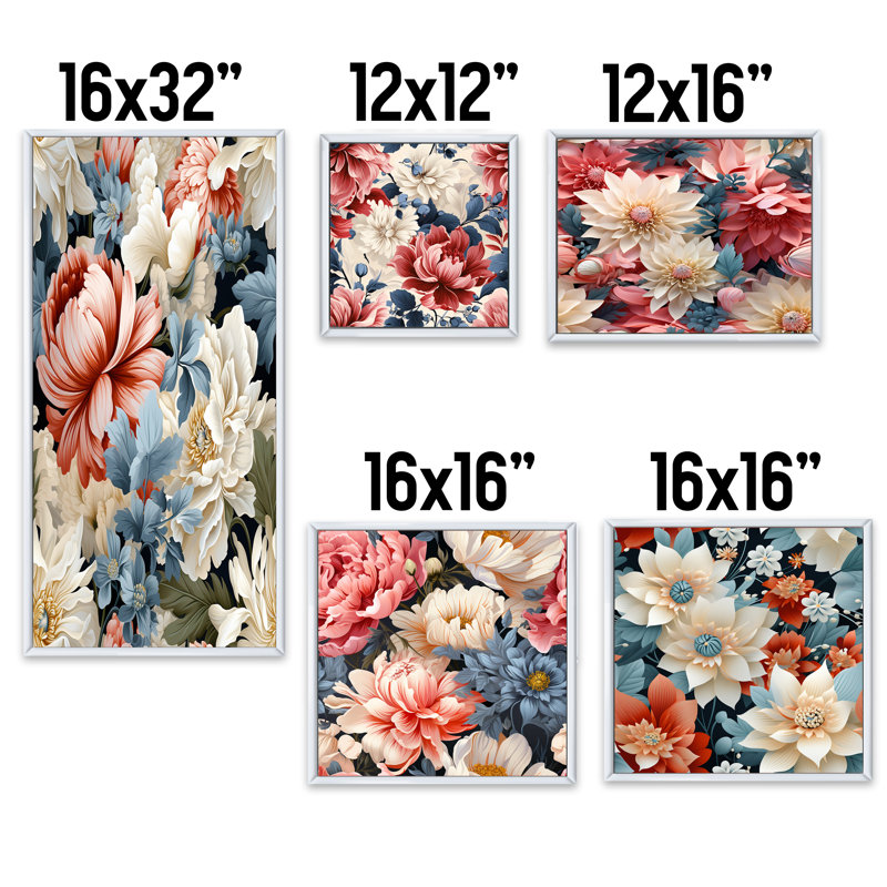 Pothier - Ensemble de 5 impressions murales sur toile florale, Cadre flottant blanc