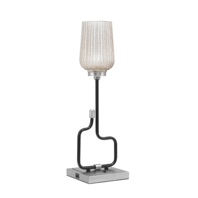 Lampe décorative Amarmula, avec ports USB, noir mat et finition graphite, verre texturé argenté de 5 po