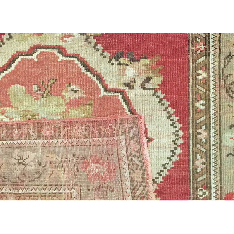 Tapis de couloir unique en laine noué à la main de style années 1960 de 3 pi 6 po x 10 pi 5 po en rouge / beige / vert