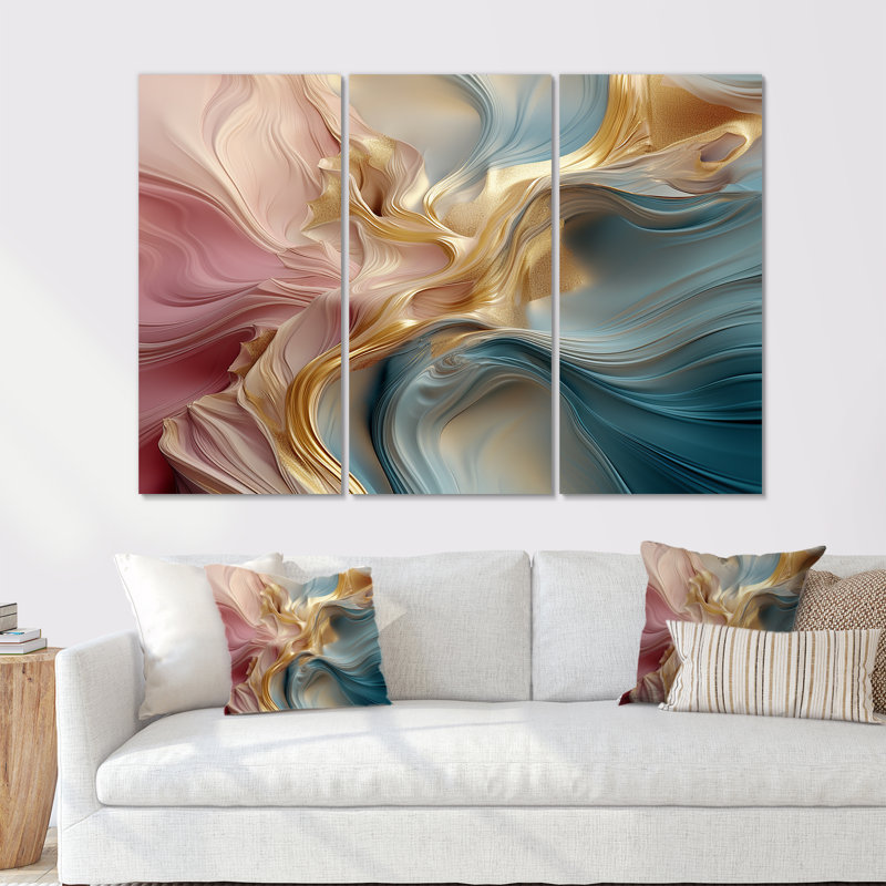 «Ruisseaux liquides», ensemble d'art mural abstrait vagues modernes, Toile tendue, H 40 po x l 60 po x P 1 po