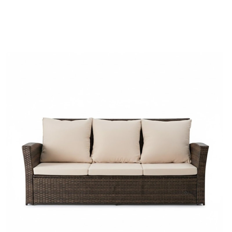 Canapé de patio 67,7 po en osier 3 places avec coussins de siège épais et structure noire, Beige