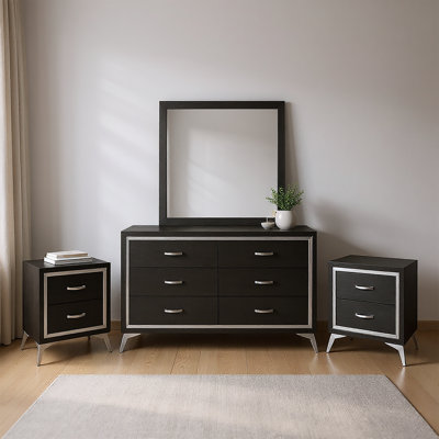 Ensemble de chambre à coucher en bois 3 pièces avec commode et 2 tables de chevet Maxo, noir