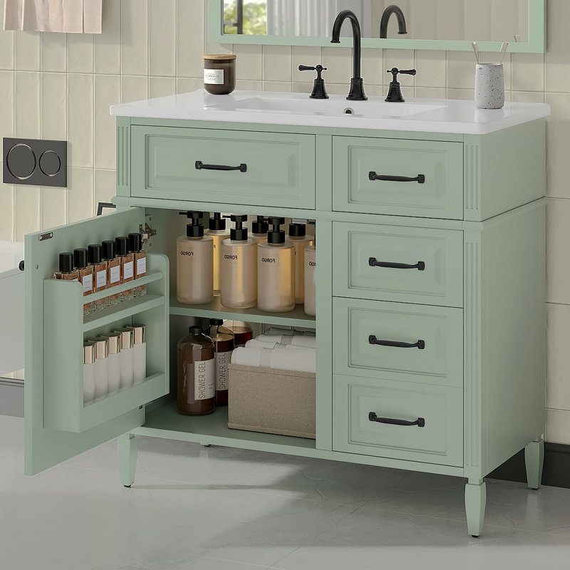 36-Inch Bathroom Vanity With Ceramic Sink Top, Solid Wood Frame And MDF Cabinet, Flip Drawer Design With Adjustable Shelf And Metal Handles, Freestanding Bathroom Storage Cabinet (Faucet Not Included)