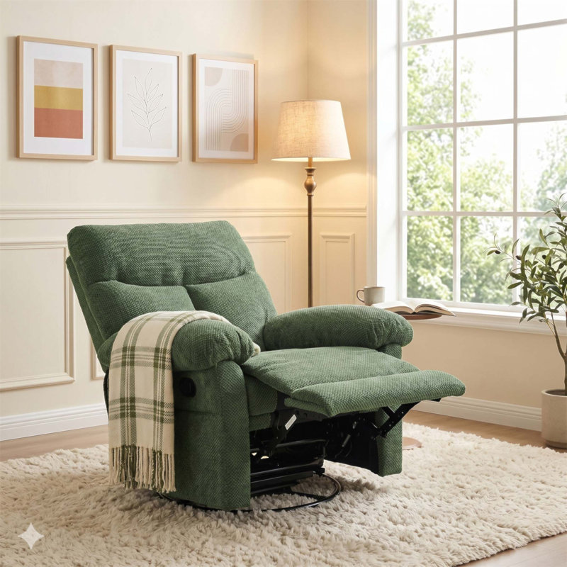 Fauteuil inclinable, pivotant, moderne et rembourré avec tissu texturé pour salon et chambre de bébé, Tissu vert foncé