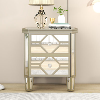 Elegant Mirrored 2-Drawer Side Table With Golden Lines For Living Room, Hallway, Entryway Side Cabinet, Living Room Cabinet, Entryway Cabinet, Modern Cabinet