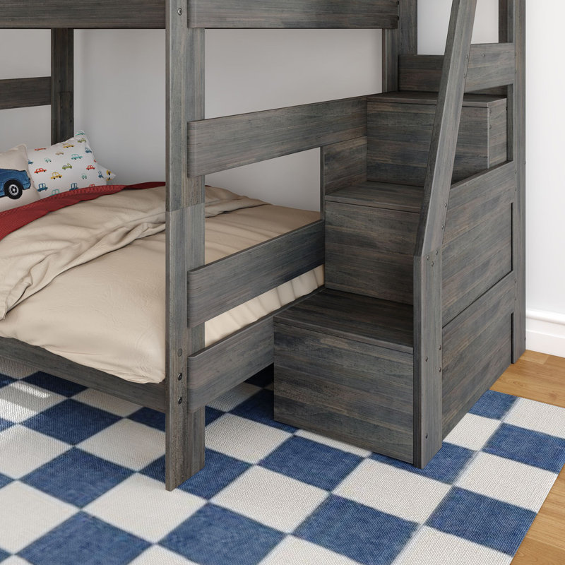 Modern Farmhouse Bunk Bed With Staircase, Farmhouse Pecan, Queen Over Queen