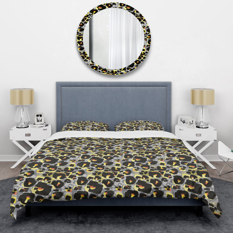 Ensemble de housse de couette en microfibre noir / gris / jaune 3 pièces, Housse de couette double + 2 taies décoratives st