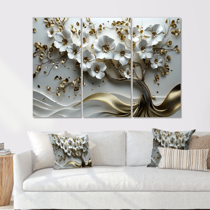 Ensemble de décorations murales cerisier blanc et or blanc I - Cherry Blossom, H 60 po x l 84 po x P 1,5 po, Toile tendue