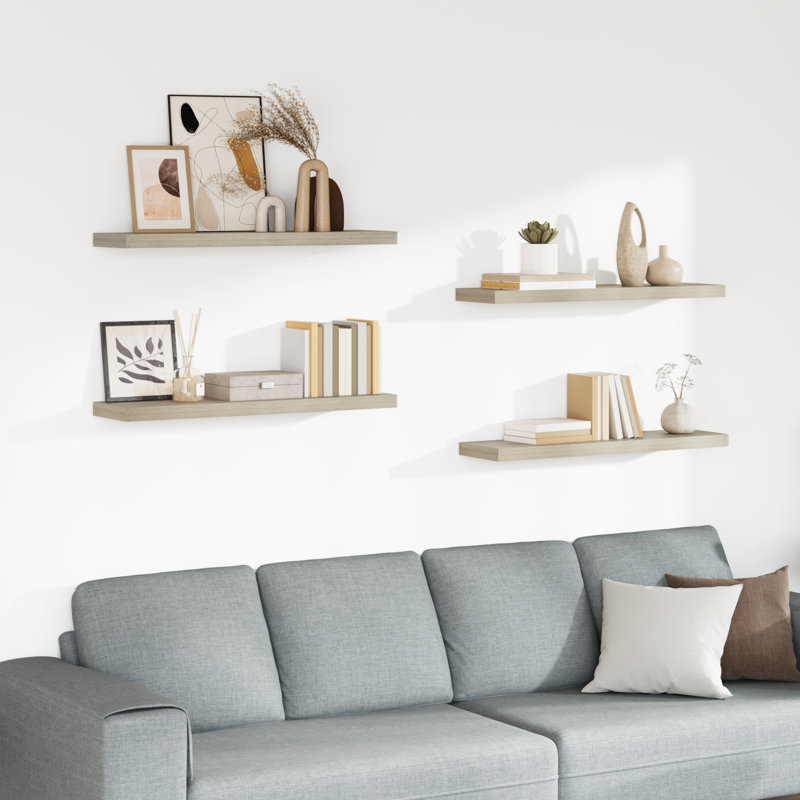 Wall Shelf  Wall Mounted Display Shelf for Photo Frame Set of 4, 1.5" H x 35.4" W x 9.3" D, Oak, 4