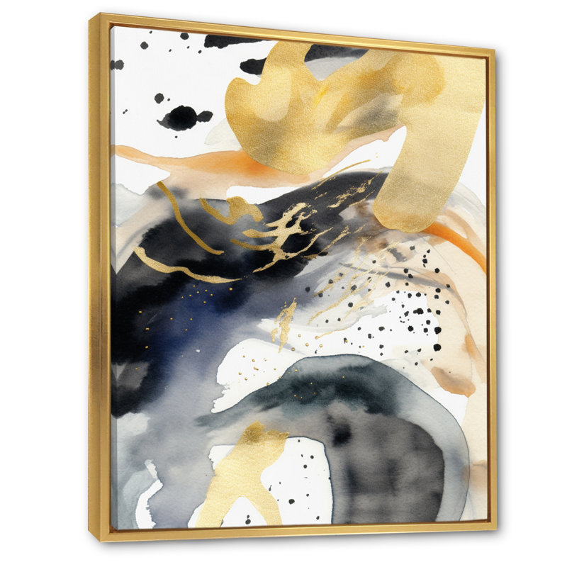 Abstrait pastel avec taches bleues noires et dorées I, H 20 po x l 12 po x P 1 po, Cadre flottant doré