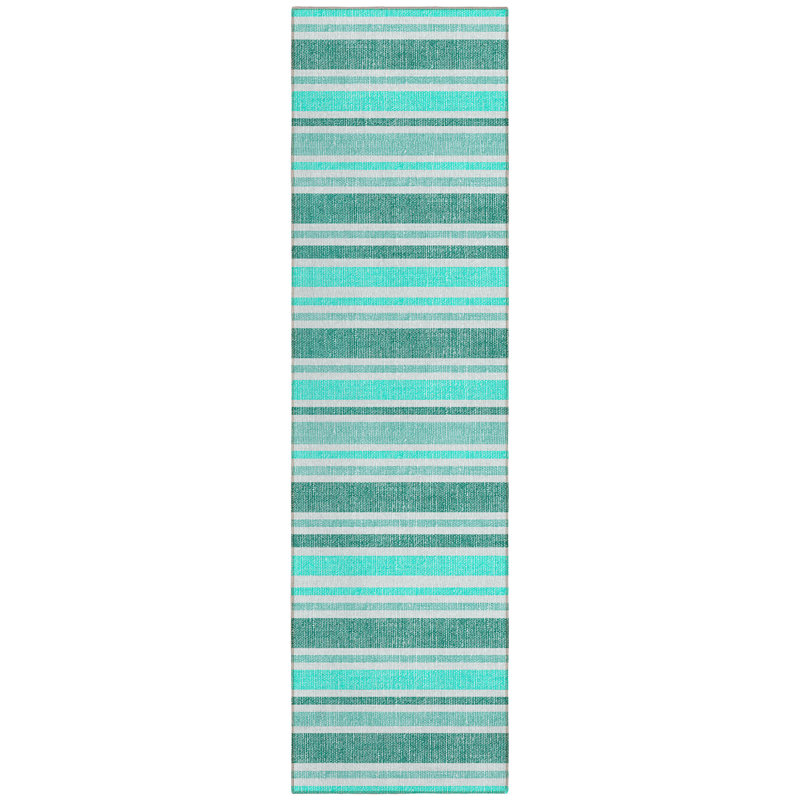 2' X 8' Turquoise Striped Washable Indoor Outdoor Runner Rug