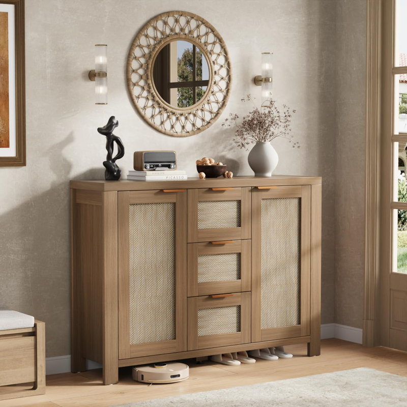 Rattan Buffet Sideboard Cabinet with 3 Drawers and 2 Doors, Farmhouse Boho Storage Credenza with Adjustable Shelves for Dining Room, Living Room & Entryway