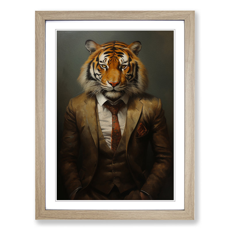 Tiger in a Suit Painting No.2 1 Piece Single Picture Frame Wall Art, 64cm H x 46cm W x 2cm D, Oak