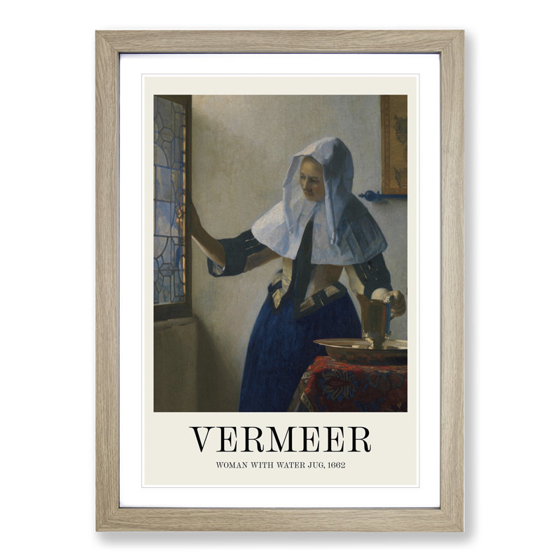 Young Woman with a Water Pitcher by Johannes Vermeer - Picture Frame Painting, 36cm H x 27cm W x 2cm D, Oak Framed