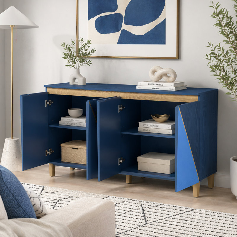 Buffet rétro 60 pouces avec portes dimensionnelles deux tons, Bleu marine foncé, bleu marine clair