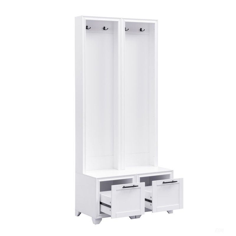 Hall Tree Coat Rack with Black Retro Handles, Seating Bench with Storage Drawers, White