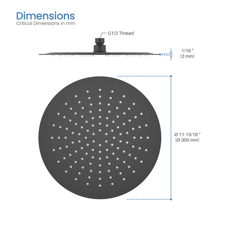 Pomme de douche circulaire à profil ultra mince en métal 12 po 1,75 gallons par minute, Noir mat
