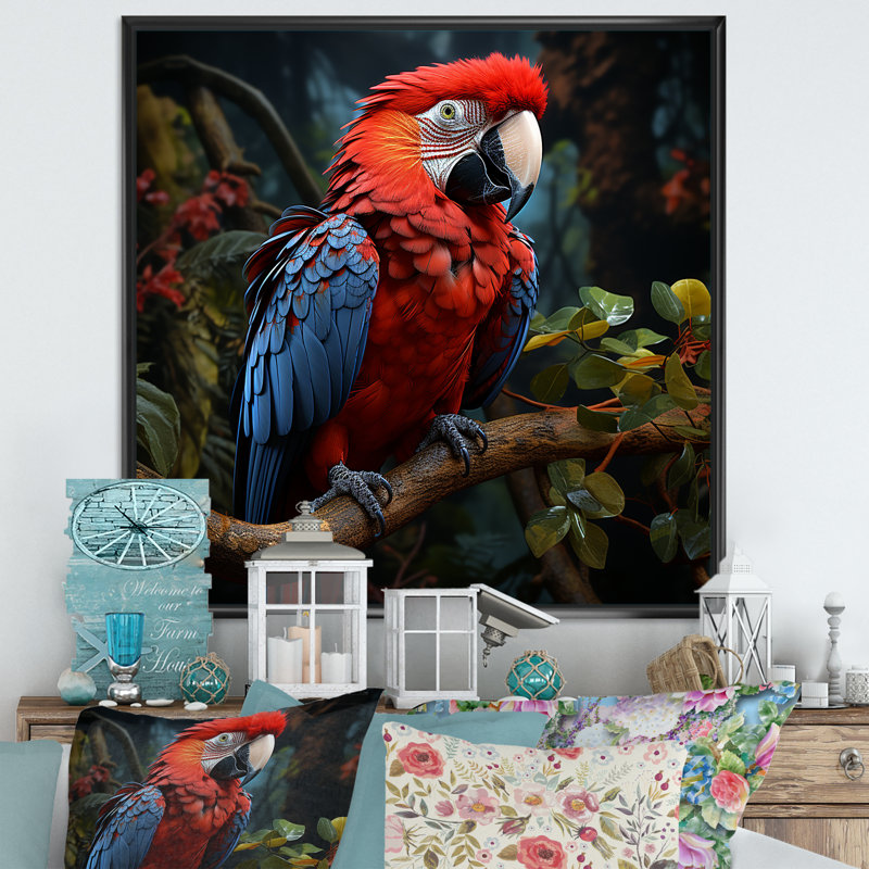 «Crimson Elegance Tropical Parrot I», art mural sur toile, Cadre flottant noir, H 36 po x l 36 po